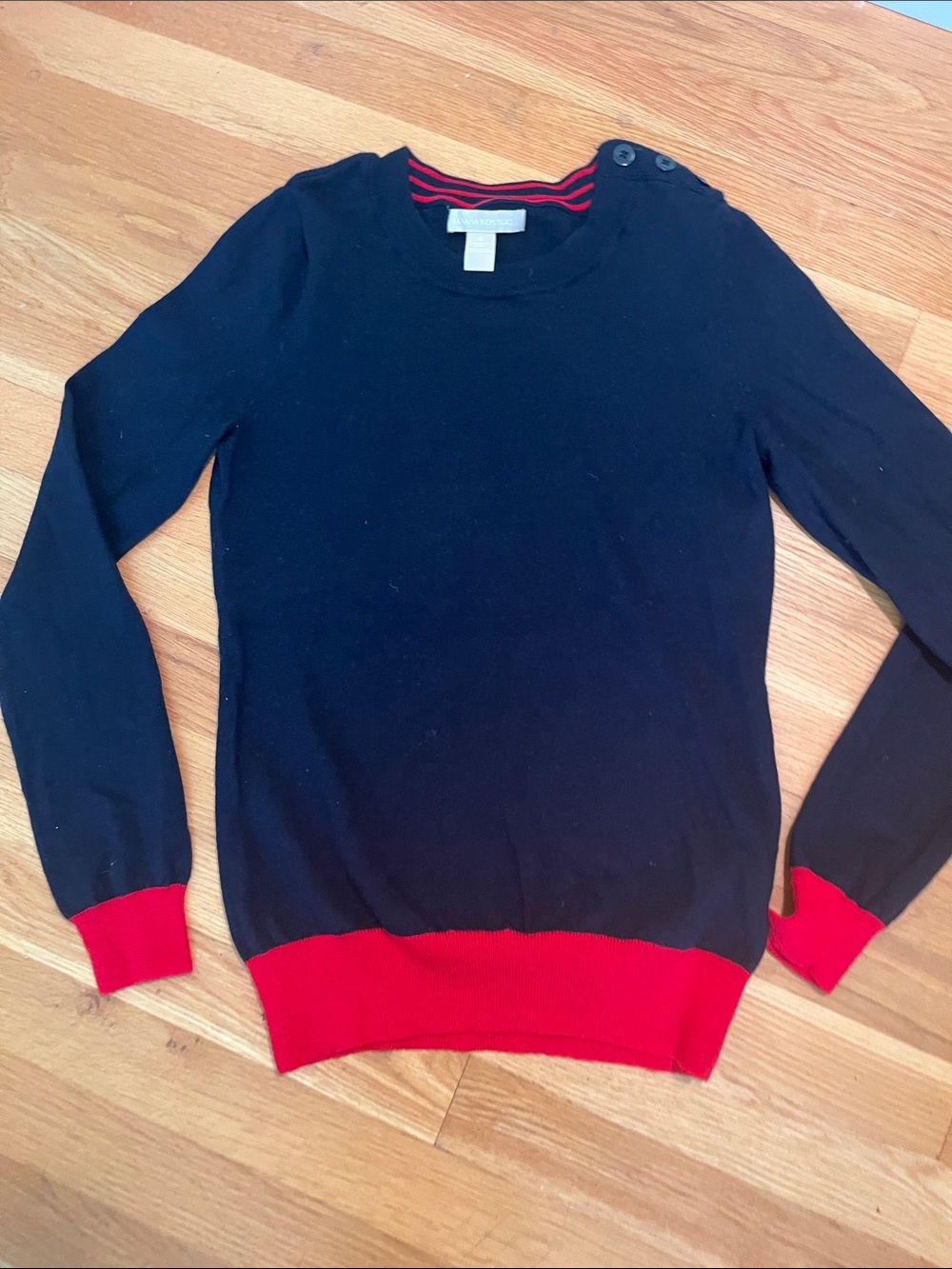 Banana Republic Merino Wool Navy Blue Crewneck Sweater with Red Trim